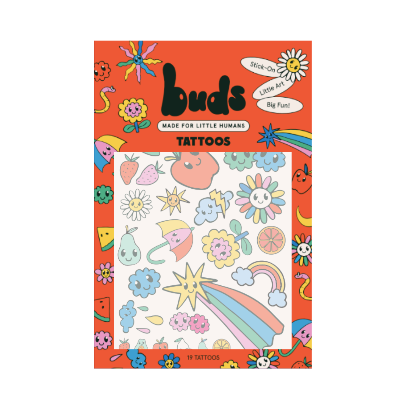 Pack of temporary tattoos with colorful designs on a white background